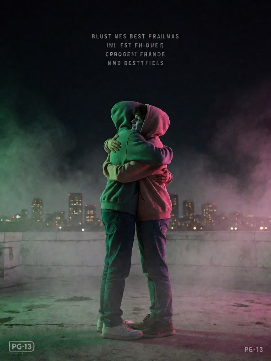 Two best friends hugging as one turns — zombie hug AI video variant
