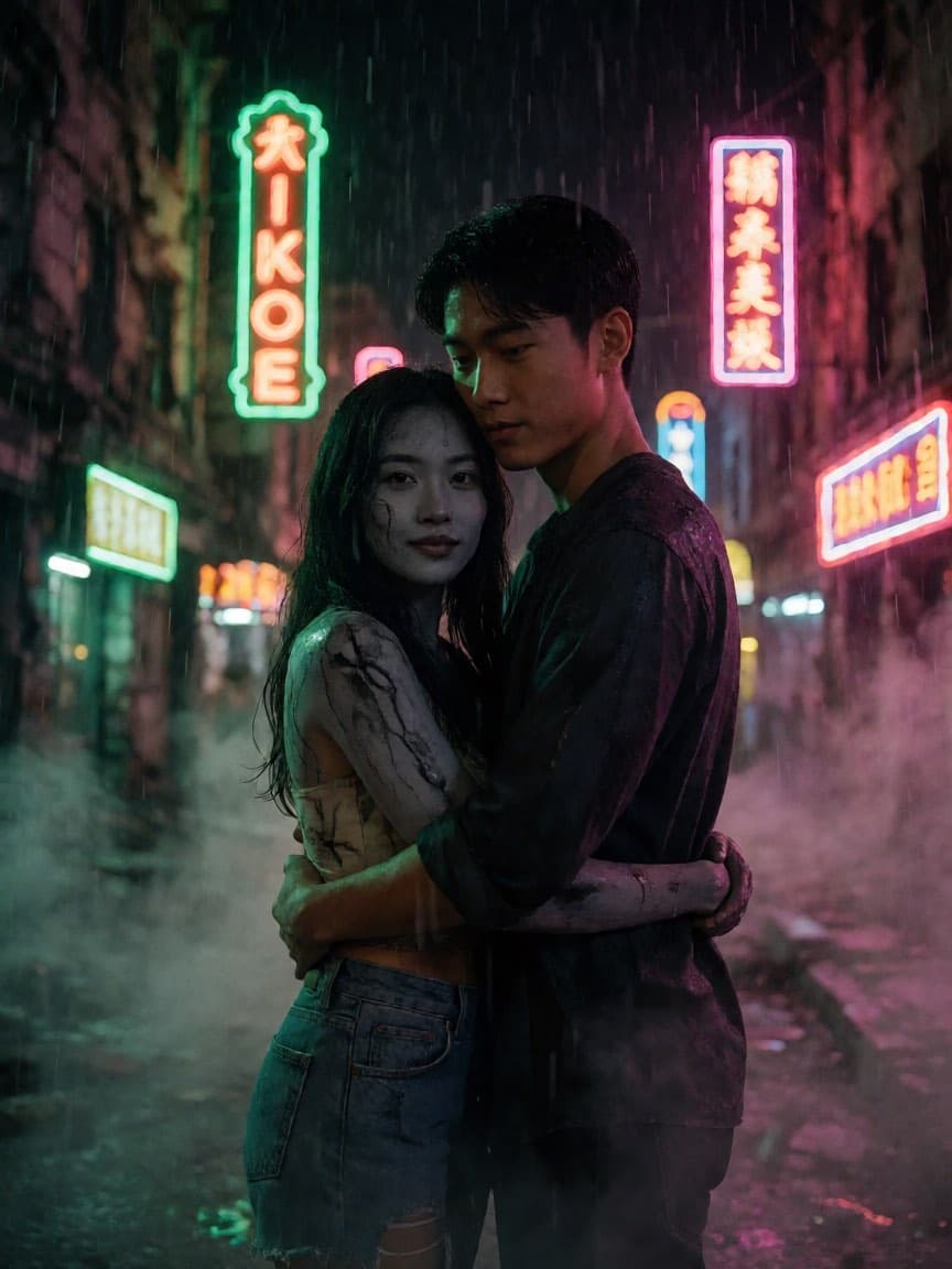 Zombie couple embracing in a ruined neon-lit street — AI zombie love story variant