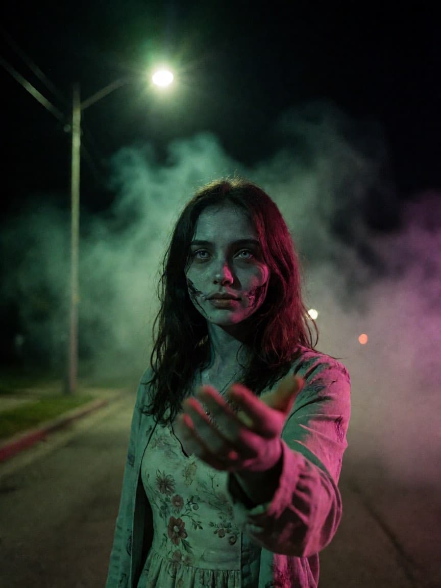 Zombie girlfriend reaching out under a streetlight — zombie girlfriend AI video variant