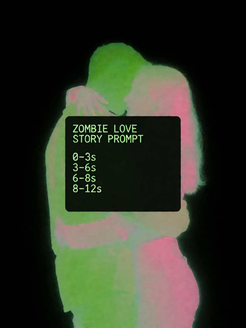 The copyable zombie love story prompt on a dark terminal-style card